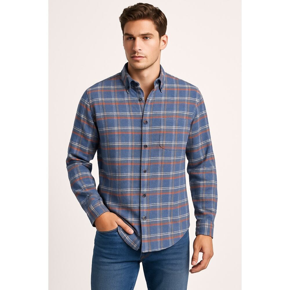 Orvis Blue Orange Plaid Flannel Button Down Shirt Size L